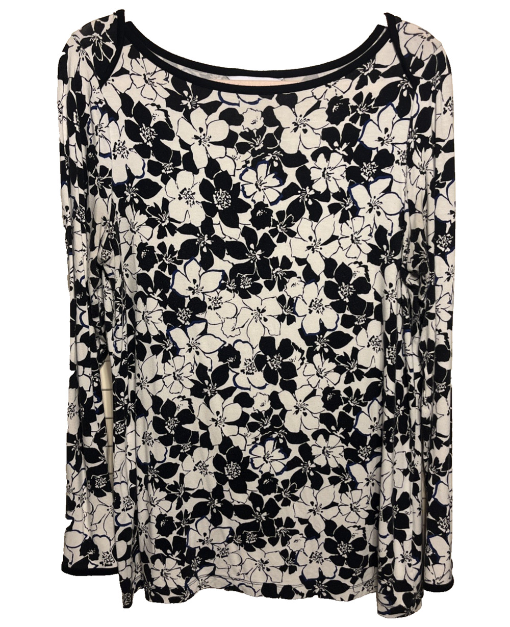 Liz Claiborne Long Sleeve Shirt Rayon/Spandex Black and White Floral Women's M